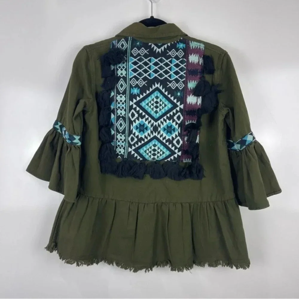 Anthropologie Beautiful Stories Green Aztec Fringe Boho Inika Jacket Size XS